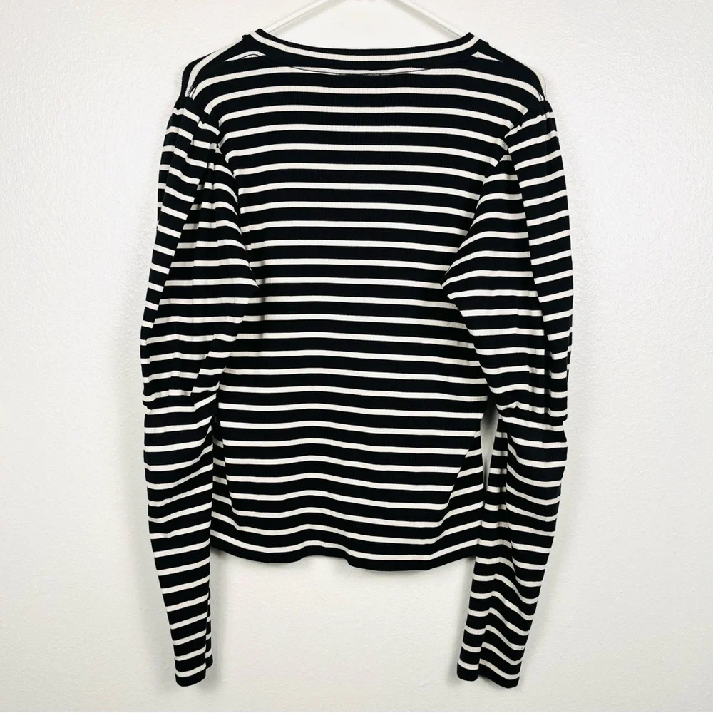 Veronica Beard Large Lyon Black & White Striped Puff-Sleeve Blouse Top